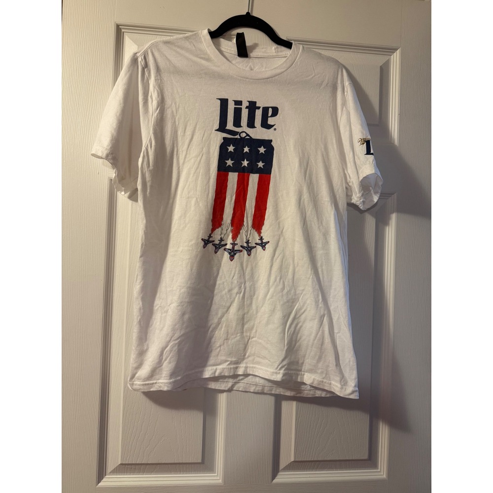 Miller Lite Patriotic Jet Beer Can Graphic T-Shirt White Mens Medium District
